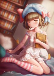 Rule 34 | 1girl, absurdres, azur lane, bed, blurry, blurry background, blush, book, bookshelf, brown hair, collarbone, gremyashchy (a daytime delight is in a book) (azur lane), gremyashchy (azur lane), hair rings, hat, highres, huge filesize, looking at viewer, nozo.me, official alternate costume, ribbon, sitting, sleepwear, solo, stuffed animal, stuffed toy, thighhighs
