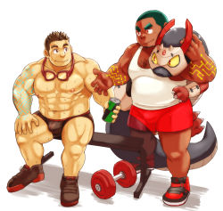 Rule 34 | 2boys, abs, bara, belly, black male underwear, body markings, boxer briefs, brown hair, bulge, buzz cut, can, character request, chest hair, creature, dark-skinned male, dark skin, dumbbell, ei (marutendon), goggles, goggles around neck, gym, holding, holding can, kajiya kurogane, large pectorals, long sideburns, male focus, male underwear, mature male, multiple boys, muscular, muscular male, navel, nipples, on bench, pectorals, red shorts, shoes, short hair, shorts, sideburns, smile, sneakers, stomach, sweat, tank top, thick eyebrows, thick thighs, thighs, tokyo houkago summoners, topless male, underwear, underwear only, very short hair, white background, white tank top