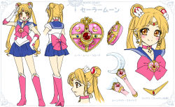Rule 34 | 1girl, :d, alternate eye color, artist name, bishoujo senshi sailor moon, bishoujo senshi sailor moon (first season), bishoujo senshi sailor moon s, blonde hair, blue sailor collar, blue skirt, boots, bow, brooch, brown eyes, character name, character sheet, choker, circlet, closed mouth, double bun, earrings, elbow gloves, full body, gloves, hair bun, hair ornament, hairpin, heart, heart brooch, jewelry, knee boots, long hair, looking at viewer, magical girl, moon stick, multiple persona, multiple views, open mouth, pink footwear, pleated skirt, pretty guardian sailor moon, profile, red bow, red choker, red footwear, sailor collar, sailor moon, sailor senshi uniform, shirataki kaiseki, skirt, smile, standing, tiara, tsukino usagi, twintails, white background, white gloves