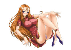 Rule 34 | 1girl, blue eyes, blush, bracelet, breasts, china dress, chinese clothes, dress, earrings, female focus, full body, ghost sweeper mikami, impossible clothes, impossible shirt, isao, jewelry, large breasts, legs, long hair, mikami reiko, orange hair, panties, purple panties, shirt, simple background, smile, solo, underwear, white background