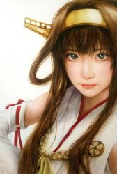 Rule 34 | 1girl, black eyes, breasts, brown hair, closed mouth, commentary request, detached sleeves, grey background, headgear, japanese clothes, kantai collection, kongou (kancolle), lips, long hair, looking at viewer, nontraditional miko, realistic, ribbon-trimmed sleeves, ribbon trim, simple background, solo, tororo ten, upper body