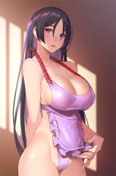 Rule 34 | 1girl, apron, apron lift, arm behind back, bare shoulders, blush, breasts, cleavage, clothes lift, collarbone, fate/grand order, fate (series), frills, hair between eyes, hip focus, indoors, large breasts, long hair, looking at viewer, minamoto no raikou (fate), naked apron, nearly naked apron, open mouth, parted bangs, popqn, purple apron, purple eyes, purple hair, solo, sunlight, thighs, very long hair