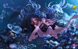 Rule 34 | 1girl, 2girls, absurdres, air bubble, aqua hair, asphyxiation, bad id, bad pixiv id, barefoot, blue eyes, bubble, coral, covering own mouth, dress, drowning, feet, fish, hatsune miku, highres, long hair, megurine luka, mermaid, monster girl, multiple girls, neko-mura ikkro, panties, pantyshot, pink hair, sea anemone, shinkai shoujo (vocaloid), soles, striped clothes, striped panties, swimming, toes, twintails, underwater, underwear, very long hair, vocaloid
