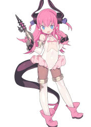Rule 34 | 10s, 1girl, black pantyhose, blade (galaxist), blue eyes, blush, boots, covered navel, dragon tail, elbow gloves, elizabeth bathory (fate), elizabeth bathory (fate/extra ccc), energy gun, fate/extra, fate/extra ccc, fate (series), flat chest, full body, gloves, gun, holding, holding gun, holding weapon, horns, long hair, looking at viewer, open mouth, over-kneehighs, pantyhose, pink footwear, pink gloves, pink hair, ray gun, silver legwear, simple background, smile, solo, standing, tail, thighhighs, two side up, weapon, white background