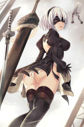 Rule 34 | 1girl, ass, bad id, bad pixiv id, black dress, black gloves, black hairband, blindfold, breasts, covered eyes, cowboy shot, dress, gloves, greatsword, hair over one eye, hairband, hand up, harimoji, huge weapon, juliet sleeves, katana, legs, lips, long sleeves, medium breasts, mole, mole under mouth, nier (series), nier:automata, nose, open mouth, panties, pink lips, puffy sleeves, ribbed dress, short dress, short hair, solo, sword, tassel, thighhighs, turtleneck, underwear, upskirt, weapon, weapon on back, white hair, 2b (nier:automata)