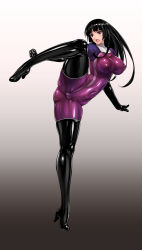 Rule 34 | 1girl, black hair, bodysuit, boots, breasts, cameltoe, cleft of venus, covered erect nipples, full body, high heel boots, high heels, impossible bodysuit, impossible clothes, kamori sayaka, large breasts, latex, leg lift, leg up, long hair, open mouth, original, purple bodysuit, purple eyes, rindou (radical dream), shiny clothes, skin tight, solo, standing, standing on one leg, thigh boots, thighhighs