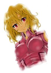 Rule 34 | 00s, 1girl, azarashing day, bad id, bad pixiv id, blonde hair, bodysuit, breasts, covered erect nipples, gundam, gundam seed, gundam seed destiny, highres, impossible clothes, impossible shirt, large breasts, light smile, red eyes, shirt, short hair, solo, stellar loussier