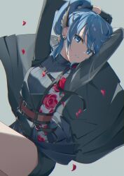 Rule 34 | 1girl, arms behind head, arms up, belt, black belt, black cape, black gloves, black shirt, black shorts, black skirt, blue eyes, blue hair, cape, chest harness, earrings, gloves, harness, highres, hololive, hoshimachi suisei, hoshimachi suisei (shout in crisis), jewelry, layered skirt, long hair, looking at viewer, official alternate costume, okishiro, pleated skirt, ponytail, shirt, shorts, skirt, smile, solo, turtleneck, turtleneck shirt, virtual youtuber, waist cape