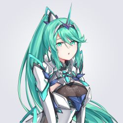 Rule 34 | 1girl, :o, breasts, chest jewel, commentary request, earrings, green eyes, green hair, grey background, jewelry, large breasts, long hair, pneuma (xenoblade), ponytail, sarasadou dan, simple background, solo, spoilers, swept bangs, tiara, upper body, very long hair, xenoblade chronicles (series), xenoblade chronicles 2