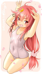 Rule 34 | 1girl, ahoge, breasts, commentary request, crescent, crescent hair ornament, cropped legs, hair ornament, hair ribbon, kantai collection, long hair, looking at viewer, one-hour drawing challenge, one-piece swimsuit, petals, pink hair, rabbit hair ornament, rabbit pose, ray.s, red eyes, ribbon, school swimsuit, small breasts, solo, swimsuit, uzuki (kancolle), white one-piece swimsuit