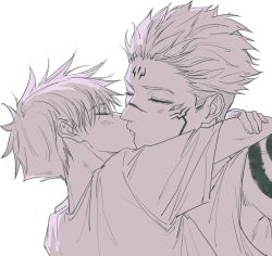 2boys arms_around_neck blush couple extra_eyes closed_eyes facial_tattoo french_kiss fushiguro_megumi highres jujutsu_kaisen kiss makababazi male_focus multiple_boys ryoumen_sukuna_(jujutsu_kaisen) shirt short_hair short_sleeves shoulder_tattoo spiked_hair tattoo undercut yaoi