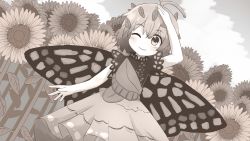 Rule 34 | 1girl, antennae, blush, butterfly wings, closed mouth, coruthi, dress, eternity larva, fairy, flower, hair between eyes, highres, insect wings, leaf, leaf on head, monochrome, multicolored clothes, multicolored dress, one eye closed, short hair, short sleeves, single strap, smile, solo, sunflower, touhou, wings
