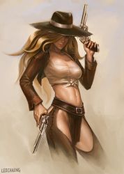 Rule 34 | 1girl, alternate costume, belt, blonde hair, breasts, chaps, cleavage, cowboy hat, cowboy western, cowgirl miss fortune, dual wielding, front-tie top, gun, hair over one eye, handgun, hat, holding, large breasts, league of legends, leo chuang, lipstick, loincloth, long hair, makeup, midriff, miss fortune (league of legends), navel, revolver, shirt, solo, tied shirt, weapon