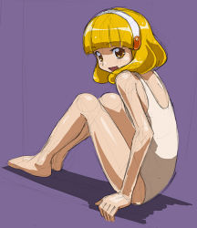Rule 34 | 10s, 1girl, barefoot, blonde hair, blush, female focus, from side, full body, hairband, kise yayoi, looking at viewer, looking to the side, one-piece swimsuit, open mouth, precure, purple background, rohitsuka, short hair, simple background, sitting, sketch, smile precure!, solo, swimsuit, white hairband, white one-piece swimsuit, yellow eyes