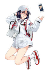 Rule 34 | 1girl, absurdres, air jordan, air pods, airpods, american flag, arms up, backpack, bag, baseball cap, black hair, cellphone, clothes writing, coat, commentary, english commentary, english text, flag print, full body, glasses, hat, heron preston, highres, kneehighs, long sleeves, nasa, nike (company), no pants, open mouth, original, phone, red eyes, shoes, short hair, simple background, sleeves past wrists, smartphone, sneakers, socks, solo, sugai (4ugaii), white-framed eyewear, white background, white coat, white footwear, white hat, white socks, wireless earphones