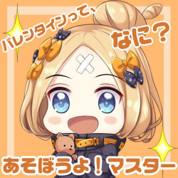 Rule 34 | 1girl, :d, abigail williams (fate), abigail williams (traveling outfit) (fate), black bow, black jacket, blonde hair, blue eyes, blush stickers, bow, chibi, commentary request, crossed bandaids, euforia, fate/grand order, fate (series), hair bow, hair bun, heroic spirit traveling outfit, jacket, long sleeves, hugging object, official alternate costume, open mouth, orange background, orange bow, parted bangs, polka dot, polka dot bow, single hair bun, sleeves past fingers, sleeves past wrists, smile, solo, spatula, stuffed animal, stuffed toy, teddy bear, translation request, upper body