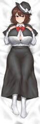 Rule 34 | 1girl, absurdres, bed sheet, black bra, black capelet, black hat, black skirt, blush, bow, bowtie, bra, bra peek, breasts, brown eyes, brown hair, button gap, capelet, cleavage, closed mouth, collared shirt, dakimakura (medium), embarrassed, fedora, from above, full body, furrowed brow, hands on own chest, hat, hat bow, highres, large breasts, long skirt, looking at viewer, lying, no shoes, on back, pantyhose, partially unbuttoned, red bow, red bowtie, shirt, shirt tucked in, short hair, skirt, solo, touhou, underwear, usami renko, white bow, white pantyhose, white shirt, wing collar, yuugatou (yuuzutu)