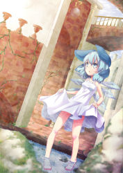 Rule 34 | 1girl, bad id, bad pixiv id, bare legs, barefoot, blue eyes, blue hair, bow, chemise, cirno, dress, dutch angle, hair bow, highres, ice, ice wings, matching hair/eyes, pony (moyasi), short hair, skirt hold, soaking feet, solo, touhou, wading, water, wings