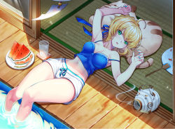 Rule 34 | 1girl, ahoge, alternate costume, animal-shaped pillow, arm up, armpits, artoria pendragon (all), artoria pendragon (fate), bare shoulders, blonde hair, blue nails, braid, breasts, coaster, cup, curvy, fate/stay night, fate (series), food, french braid, fruit, green eyes, hair ribbon, hand fan, kayari buta, looking at viewer, lying, midriff, mosquito coil, nail polish, navel, nemovo, on back, paper fan, parted lips, ribbon, saber (fate), short hair, short shorts, shorts, solo, tank top, uchiwa, watermelon, wide hips, wind chime