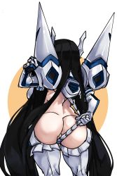 Rule 34 | 1girl, absurdres, adjusting clothes, armor, ass, black hair, boots, breasts, c-string, clenched hand, from behind, headgear, highres, junketsu, kamui (kill la kill), kill la kill, kiryuuin satsuki, large breasts, long hair, pauldrons, pussy, pussy peek, revealing clothes, shoulder armor, sideboob, solo, strapless bottom, sweat, thigh boots, thighhighs, very long hair, white thighhighs, zanamaoria
