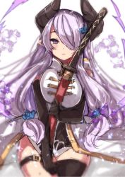 Rule 34 | 10s, 1girl, black gloves, black thighhighs, blush, breasts, bridal garter, demon horns, draph, elbow gloves, female focus, gloves, granblue fantasy, hair ornament, hair over one eye, highres, horns, large breasts, light purple hair, long hair, looking at viewer, narmaya (granblue fantasy), hugging object, pointy ears, purple eyes, simple background, single thighhigh, solo, sword, takeshima eku, thighhighs, weapon, white background