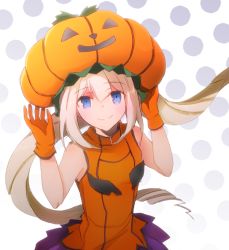 Rule 34 | 1girl, alternate costume, blush, costume, fate/grand order, fate (series), gloves, hair ornament, halloween, happy, hat, holding, holding clothes, holding hat, jack-o&#039;-lantern, looking at viewer, marie antoinette (fate), minafuni, miniskirt, pumpkin hat, ringlets, season connection, simple background, skirt, smile, solo, twintails
