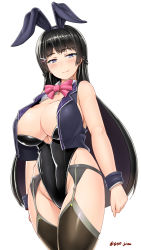 Rule 34 | 1girl, adapted costume, animal ears, bare arms, bare shoulders, black hair, black hairband, black leotard, blush, bow, bowtie, braid, breasts, brown thighhighs, closed mouth, collarbone, collared vest, covered navel, crop top, crop top overhang, cropped vest, curvy, fake animal ears, fingernails, french braid, garter belt, grey eyes, groin, hair ornament, hairband, hairclip, half-closed eyes, head tilt, highres, hip focus, huge breasts, legs together, leotard, long hair, looking at viewer, nijisanji, open clothes, open vest, pink bow, pink bowtie, playboy bunny, rabbit ears, saizu nitou gunsou, seductive smile, shiny clothes, shiny skin, sidelocks, simple background, smile, solo, standing, straight hair, strapless, strapless leotard, thighhighs, thighs, tsukino mito, tsukino mito (1st costume), twitter username, very long hair, vest, virtual youtuber, white background, wrist cuffs