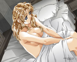 Rule 34 | 1girl, bed, bed sheet, blonde hair, blue eyes, breasts, censored, convenient censoring, doukoku soshite, eyebrows, game cg, large breasts, norma wendy, nude, own hands together, pillow, sitting, solo, thick eyebrows, yokota mamoru