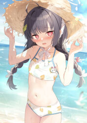 Rule 34 | 1girl, @ @, ahoge, bare arms, bare shoulders, bikini, black hair, blue archive, blue sky, blush, braid, breasts, bright pupils, brown hat, cloud, cloudy sky, collarbone, commentary request, day, halo, hands up, hat, highres, horizon, leaf, leaf on head, leaf print, long hair, looking at viewer, low twintails, miyu (blue archive), miyu (swimsuit) (blue archive), navel, nose blush, ocean, official alternate costume, outdoors, parted lips, print bikini, red eyes, saeki sora, sky, small breasts, solo, stomach, straw hat, sweat, swimsuit, twin braids, twintails, very long hair, water, white bikini, white pupils