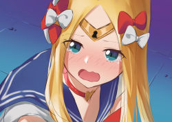 Rule 34 | 1girl, abigail williams (fate), absurdres, bishoujo senshi sailor moon, blonde hair, blue eyes, blue sailor collar, blush, bow, breasts, choker, circlet, commentary request, cosplay, crescent, crescent earrings, crying, derivative work, earrings, fate/grand order, fate (series), forehead, hair bow, heart, heart choker, highres, jewelry, keyhole, long hair, looking at viewer, meme, multiple hair bows, nose blush, open mouth, parted bangs, red bow, red choker, sailor collar, sailor moon, sailor moon (cosplay), sailor moon redraw challenge (meme), sailor senshi uniform, screenshot redraw, shirt, sleeveless, sleeveless shirt, small breasts, solo, tearing up, tsukino usagi, upper body, wang man, wavy mouth, white bow, white shirt