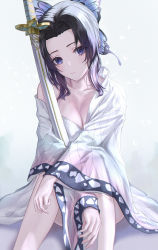 Rule 34 | 1girl, absurdres, arms on knees, black hair, breasts, butterfly hair ornament, cleavage, closed mouth, collarbone, hair ornament, haori, highres, holding, holding sword, holding weapon, japanese clothes, kimetsu no yaiba, kochou shinobu, looking at viewer, medium breasts, no pants, purple eyes, resolution mismatch, sheath, sheathed, sidelocks, single bare shoulder, sitting, solo, source larger, sword, tooku0, weapon