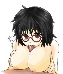Rule 34 | 1girl, :&gt;=, black eyes, black hair, blush, breasts, breasts squeezed together, eyebrows, fellatio, glasses, hunter x hunter, large breasts, looking at viewer, lowres, nipples, nude, oral, paizuri, penis, red-framed eyewear, shizuku murasaki, short hair, simple background, solo focus, sound effects, uncensored, white background