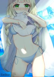 Rule 34 | 1girl, aties20, bikini, bikini under clothes, blonde hair, blue bikini, blue sky, blunt bangs, blush, braid, breasts, closed mouth, cloud, cloudy sky, commentary request, creatures (company), day, dress, game freak, green eyes, hat, lillie (pokemon), long hair, looking at viewer, medium breasts, navel, nintendo, nose blush, outdoors, pokemon, pokemon sm, side-tie bikini bottom, sky, solo, standing, sun hat, swimsuit, twin braids, undressing, very long hair, water, white dress, white hat