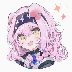 Rule 34 | 1girl, animal ears, arknights, black choker, blue bow, blush, bow, braid, choker, dog ears, goldenglow (arknights), hair between eyes, hair bow, highres, lightning bolt print, looking at viewer, nalphanne, open mouth, pink hair, portrait, short hair, side braid, simple background, solo, sparkle, white background, yellow eyes