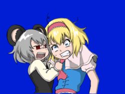 Rule 34 | 2girls, alice margatroid, anger vein, angry, animal ears, animated, animated gif, ascot, black vest, blonde hair, blue background, blue dress, blue eyes, capelet, clenched teeth, commentary request, cookie (touhou), dress, fighting, geko (nicoseiga94865705), grey hair, hair between eyes, hairband, ichigo (cookie), kabedon, long sleeves, looking at another, looping animation, mouse ears, multiple girls, nazrin, nyon (cookie), open mouth, puffy short sleeves, puffy sleeves, red ascot, red eyes, red hairband, shirt, short hair, short sleeves, simple background, teeth, tongue, tongue out, touhou, upper body, vest, white shirt