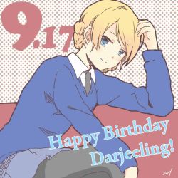 Rule 34 | 10s, 1girl, arm on knee, artist name, black necktie, black pantyhose, blonde hair, blue eyes, blue skirt, blue sweater, braid, character name, closed mouth, commentary, darjeeling (girls und panzer), dated, dress shirt, english text, girls und panzer, hand on own head, happy birthday, leaning forward, light smile, long sleeves, looking at viewer, miniskirt, necktie, pantyhose, pink background, pleated skirt, polka dot, polka dot background, school uniform, shirt, short hair, signature, sitting, skirt, solo, st. gloriana&#039;s school uniform, sweater, twin braids, v-neck, white shirt, wing collar, zol (rambling7)