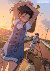 Rule 34 | 1boy, 1girl, 2015, aoi sora (pairan), arm on own head, arms up, artist name, backwards hat, bag, bandaid, bandaid on face, baseball bat, baseball cap, baseball glove, baseball jersey, baseball uniform, belt, belt buckle, black belt, black footwear, black hair, black shirt, black socks, blue bow, blue hat, blue overalls, blue sash, blue sky, blush, bow, brother and sister, buckle, buttons, closed eyes, clothes writing, cloud, commentary request, denim overalls, dog, dusk, facing viewer, falling leaves, field, frilled shirt, frills, gradient sky, grass, grin, hair ornament, hairclip, hat, high ponytail, highres, holding, holding bag, holding baseball bat, house, jersey, layered sleeves, leaf, long sleeves, megaphone, multicolored sky, open mouth, orange sky, original, outdoors, overall shorts, overalls, pairan, pants, perspective, power lines, puffy short sleeves, puffy sleeves, railing, road, sash, sash bow, shadow, shirt, shirt tucked in, shoes, short hair, short over long sleeves, short sleeves, siblings, sky, smile, socks, socks over pants, sportswear, taut clothes, taut shirt, teeth, upper teeth only, utility pole, vanishing point, walking, white pants, white shirt, wind