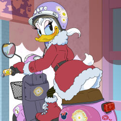 Rule 34 | 1girl, alternate costume, ass, beak, belt, bird girl, black eyes, black thighhighs, blue sclera, blush, body fur, boots, closed mouth, clothing cutout, colored sclera, daisy duck, day, disney, dress, driving, english text, eyelashes, female focus, from behind, fur-trimmed dress, fur-trimmed footwear, fur-trimmed sleeves, fur collar, fur trim, furry, furry female, gloves, half-closed eyes, happy, heart, helmet, houndstooth, japanese text, lipstick mark, long sleeves, looking back, medium hair, mirror, moped, motor vehicle, motorcycle helmet, oira wa arumajiro, outdoors, ponytail, purple headwear, red dress, red footwear, red gloves, reflection, riding, short dress, sitting, smile, solo, star (symbol), sticker, tail, tail through clothes, thighhighs, translated, white fur, white hair