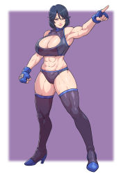 Rule 34 | 1girl, abs, absurdres, armpits, bikini, black eyes, black hair, blue gloves, boots, border, breasts, cirenk, cleavage, closed mouth, commission, fingernails, full body, gloves, highres, large breasts, lips, muscular, muscular female, navel, original, pointing, purple background, purple bikini, short hair, simple background, smile, solo, swimsuit, thigh boots, thighhighs, white border, wrestling outfit