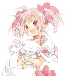 Rule 34 | 0lily0, 1girl, :d, blush, choker, collarbone, creature, eyelashes, gloves, hair between eyes, hair ribbon, hands on own chest, happy, head tilt, holding, holding creature, kaname madoka, kyubey, light particles, looking at viewer, mahou shoujo madoka magica, mahou shoujo madoka magica (anime), open mouth, pale color, pink choker, pink eyes, pink neckwear, pink ribbon, puffy short sleeves, puffy sleeves, ribbon, short sleeves, short twintails, sidelocks, simple background, smile, solo, twintails, upper body, white background