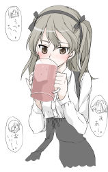 Rule 34 | 10s, 1girl, alcohol, azumi (girls und panzer), beer, beer mug, black skirt, blush, brown eyes, casual, collared shirt, commentary request, cropped torso, cup, drinking, elf (stroll in the woods), female pervert, girls und panzer, high-waist skirt, holding, light brown hair, long hair, long sleeves, megumi (girls und panzer), mug, pervert, rumi (girls und panzer), saliva, shimada arisu, shirt, side ponytail, skirt, solo focus, suspender skirt, suspenders, translation request, upper body, white shirt