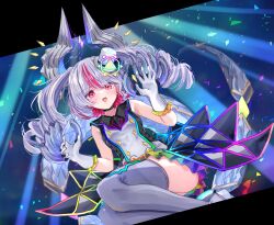 Rule 34 | 1girl, :d, black border, black choker, blue background, blush, border, breasts, choker, commentary request, confetti, crystal, dragon horns, dragon tail, dress, drill hair, duel masters, dutch angle, electricity, frilled gloves, frills, glitter, glitter makeup, gloves, highres, horns, looking at viewer, medium hair, multicolored hair, open mouth, pleated skirt, rainbow skirt, red eyes, red hair, sarasadou dan, skirt, sleeveless, sleeveless dress, small breasts, smile, solo, streaked hair, tail, teeth, thighhighs, thighs, twin drills, upper teeth only, w arms, waist cape, white gloves, white hair, white thighhighs