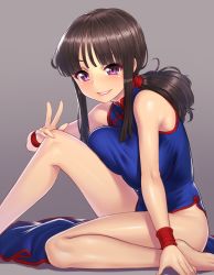 Rule 34 | 1girl, barefoot, black hair, blush, breasts, chi-chi (dragon ball), china dress, chinese clothes, dragon ball, dress, grey background, grin, highres, long hair, looking at viewer, pelvic curtain, ponytail, purple eyes, revision, side slit, sidelocks, sitting, smile, solo, yapo (croquis side)