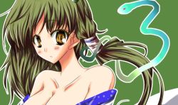 Rule 34 | 1girl, animal, asymmetrical hair, bare shoulders, breasts, brown eyes, cleavage, collarbone, detached sleeves, female focus, green hair, kochiya sanae, large breasts, long hair, looking at viewer, orimoto asami, out-of-frame censoring, snake, solo, touhou