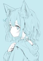 Rule 34 | 1girl, animal ear fluff, animal ears, artist name, blue eyes, cat ears, closed mouth, colored skin, cyan (sasukeone3), expressionless, hand on own chest, hand up, highres, hood, hood down, hoodie, jewelry, long sleeves, looking at viewer, looking back, medium hair, monochrome, necklace, original, sidelocks, sketch, sleeves past wrists, solo, upper body, white skin