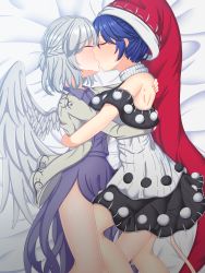 Rule 34 | 2girls, absurdres, baketsumuri, bare shoulders, bed, black dress, blue hair, blush, breasts, choker, closed eyes, closed mouth, collar, collared dress, doremy sweet, dress, grey choker, grey jacket, hair between eyes, hat, highres, hug, jacket, kishin sagume, kiss, large breasts, long sleeves, lying, medium breasts, multiple girls, off-shoulder dress, off shoulder, on side, open clothes, open jacket, pom pom (clothes), purple dress, red headwear, short hair, short sleeves, silver hair, single wing, tail, thighs, touhou, very short hair, white choker, white dress, wings, yuri