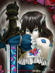 Rule 34 | 1girl, asymmetrical sleeves, bare shoulders, black hair, bloodstained: ritual of the night, blue eyes, breasts, brown hair, cleavage, covered mouth, detached sleeves, gauntlets, gradient hair, hair between eyes, highres, looking at viewer, miriam (bloodstained), mismatched sleeves, multicolored hair, norinoko, pale skin, planted, planted sword, planted weapon, short hair, single gauntlet, solo, stained glass, sword, tattoo, weapon