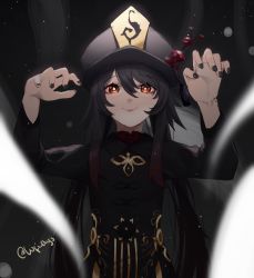 Rule 34 | 1girl, arms up, black background, black hair, black hat, black jacket, black nails, blouse, blurry, blurry foreground, chinese clothes, closed mouth, collared shirt, commentary, flat chest, flower-shaped pupils, genshin impact, gold trim, gradient hair, hair between eyes, hat, highres, hu tao (genshin impact), jacket, lips, long hair, looking at viewer, lufi ays, multicolored hair, nail polish, red eyes, red hair, red shirt, shirt, simple background, smile, solo, spirit, symbol-shaped pupils, twintails, twitter username, two-tone hair, upper body
