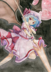 Rule 34 | 1girl, absurdres, bad id, bad pixiv id, bat wings, blue hair, dress, female focus, hat, highres, moon, pink dress, red eyes, red moon, remilia scarlet, short hair, short sleeves, slit pupils, solo, spear the gungnir, standing, standing on one leg, sxbzero, touhou, traditional media, weapon, wings