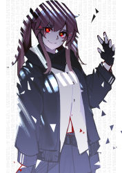 Rule 34 | 1girl, black gloves, black jacket, black scarf, black skirt, brown hair, closed mouth, commentary request, fingerless gloves, girls&#039; frontline, gloves, hand up, highres, jacket, long hair, looking at viewer, red eyes, scarf, shirt, simple background, skirt, smile, solo, standing, twintails, ump9 (girls&#039; frontline), warashi, white shirt